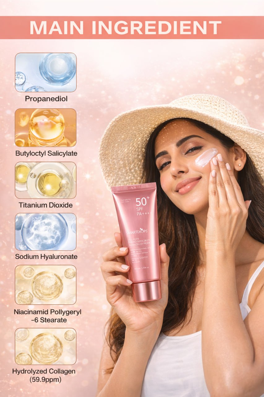 Pack of 3- Sun Shield Collagen Cream SPF 50+ PA++++ – Daily Outdoor Sunscreen for Men & Women, Broad Spectrum UV Protection (80ml per item)