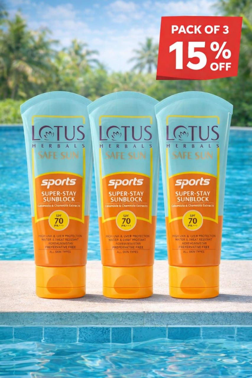 Lotus Herbals Safe Sun Sports Super-Stay Sunblock SPF 70 PA+++| Calendula and Chamomile| Preservative Free, Anti-Pollution|80 g(Pack Of 3)