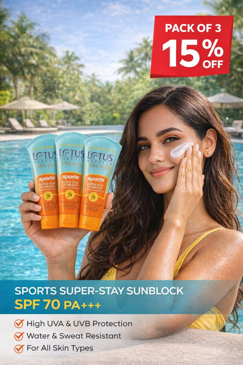 Lotus Herbals Safe Sun Sports Super-Stay Sunblock SPF 70 PA+++| Calendula and Chamomile| Preservative Free, Anti-Pollution|80 g(Pack Of 3)