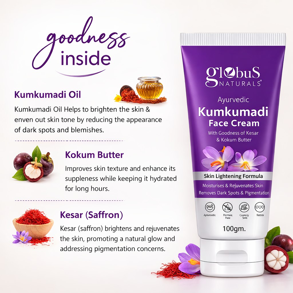 Combo of 5-Globus Naturals Ayurvedic Kumkumadi Skin Lightening Face Cream | With Manjistha & Kokum Butter | Chemical Free & Cruelty Free | For All Skin Types | 100 g (Pack of 5)