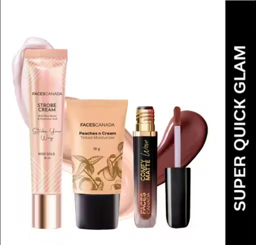 FACES CANADA Super Quick Glam Combo - Strobe Cream - Rose Gold (18 ml) + Tinted Moisturizer - Light 01 (18 gm) + Comfy Matte Wow Liquid Lipstick - Cocoa Crush 07 (3.8 ml) | Illuminating & Glowing Makeup Base | Highly Pigmented