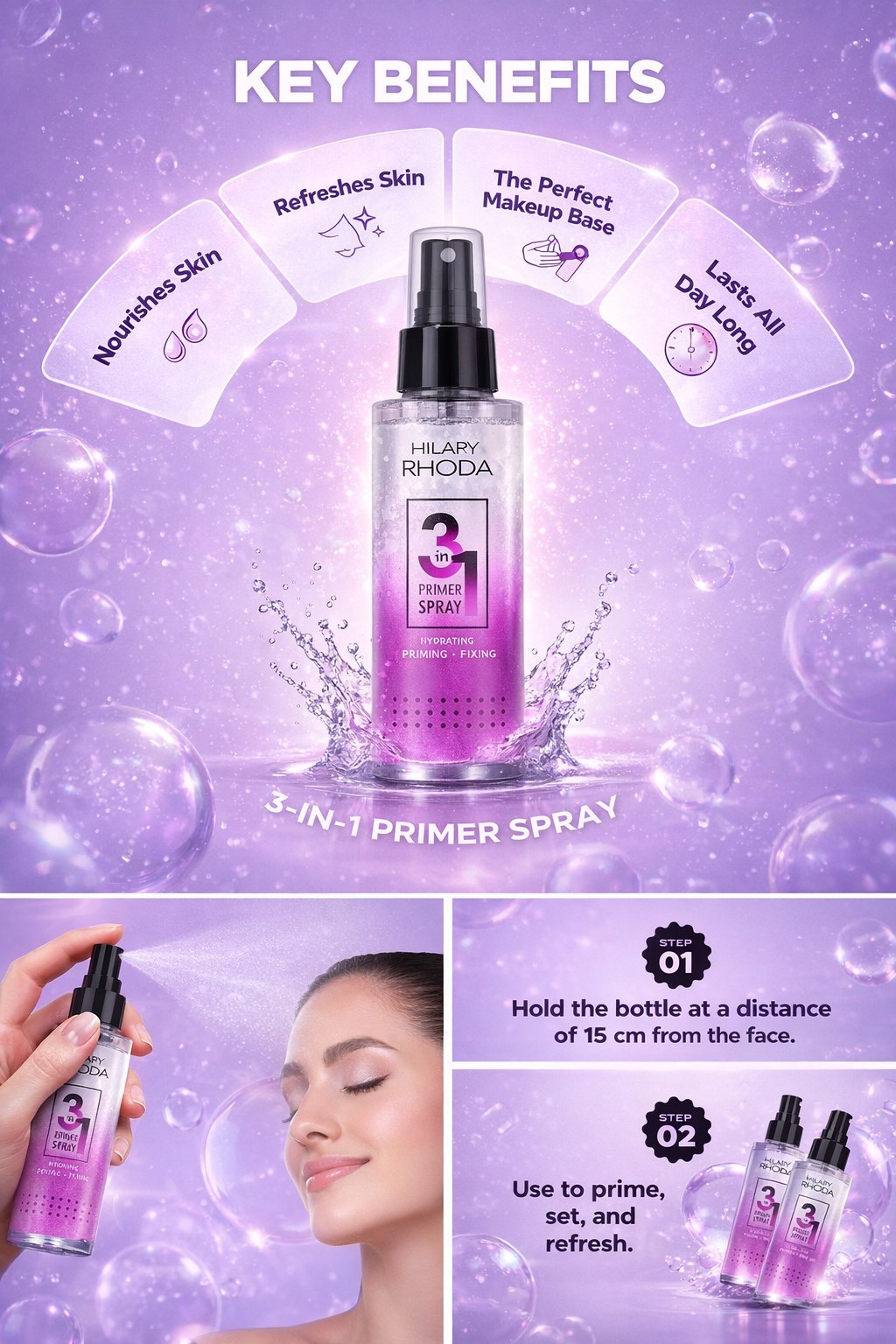 Hilary Rhoda 3-in-1 Primer Spray | Water-Based Primer & Setting Spray | Refreshes Face & Blurs Pores | Dewy Finish | Oil Control | Lasts All Day Long | 120 ml