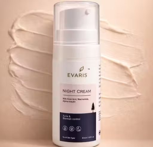 Evaris Night Cream with Kojic Acid, Niacinamide & Alpha Arbutin | Acne & Blemish Care | Hydrating & Skin Brightening Night Cream | For All Skin Types | 30 ml
