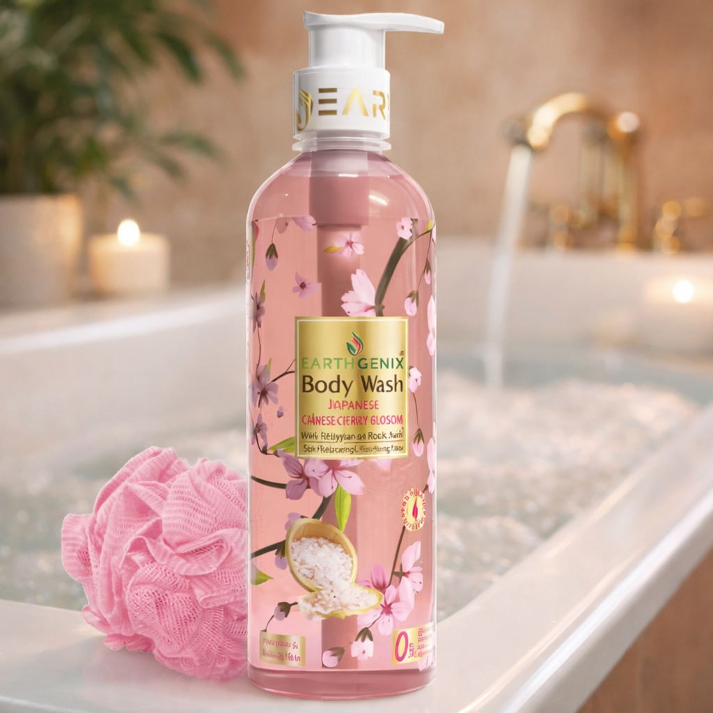 Earthgenix Japanese Cherry Blossom & Pink Rock Salt Body Wash – Anti-Acne & Radiant Skin | For Men & Women | 300ml