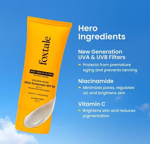 Foxtale Golden Hour Glow Sunscreen SPF 50 PA++++ | Vitamin C & Niacinamide Sunscreen | Brightening & Anti-Tan UV Protection