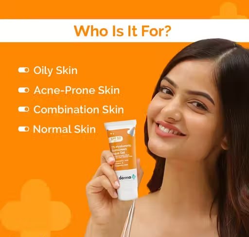 The Derma Co 1% Hyaluronic Sunscreen Aqua Gel SPF 50 PA++++ | Oil-Free Hydrating Sunscreen for Oily & Acne-Prone Skin