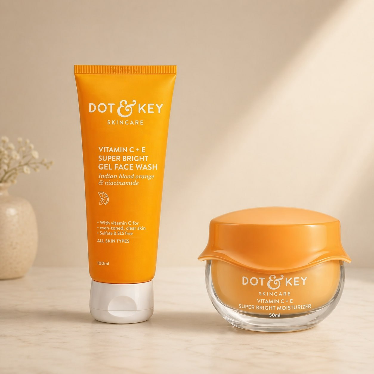 Dot & Key Vitamin C + E Skincare Combo | Super Bright Gel Face Wash + Brightening Moisturizer | Niacinamide Glow Routine Kit
