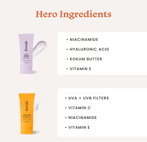 Foxtale Glow & Hydration Skincare Combo | Nourishing Moisturizer + Glow Sunscreen SPF 50 PA++++ | Vitamin C & Niacinamide Routine Kit