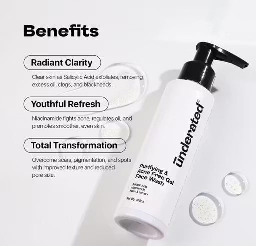 Underrated Purifying & Acne Free Gel Face Wash | Salicylic Acid, Niacinamide & Neem | Oil Control Cleanser for Acne-Prone Skin (100g)
