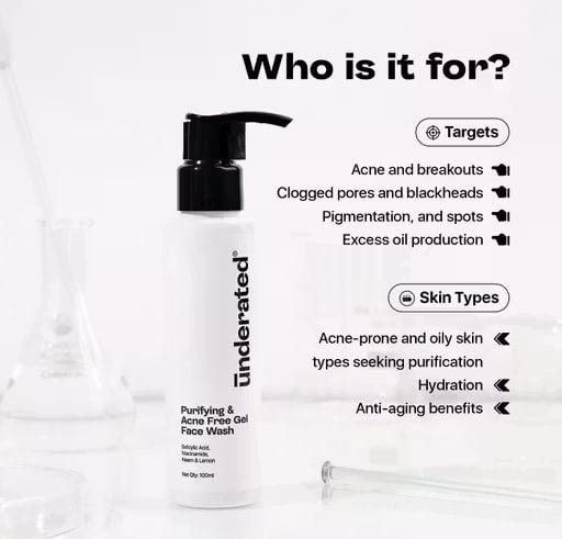 Underrated Purifying & Acne Free Gel Face Wash | Salicylic Acid, Niacinamide & Neem | Oil Control Cleanser for Acne-Prone Skin (100g)