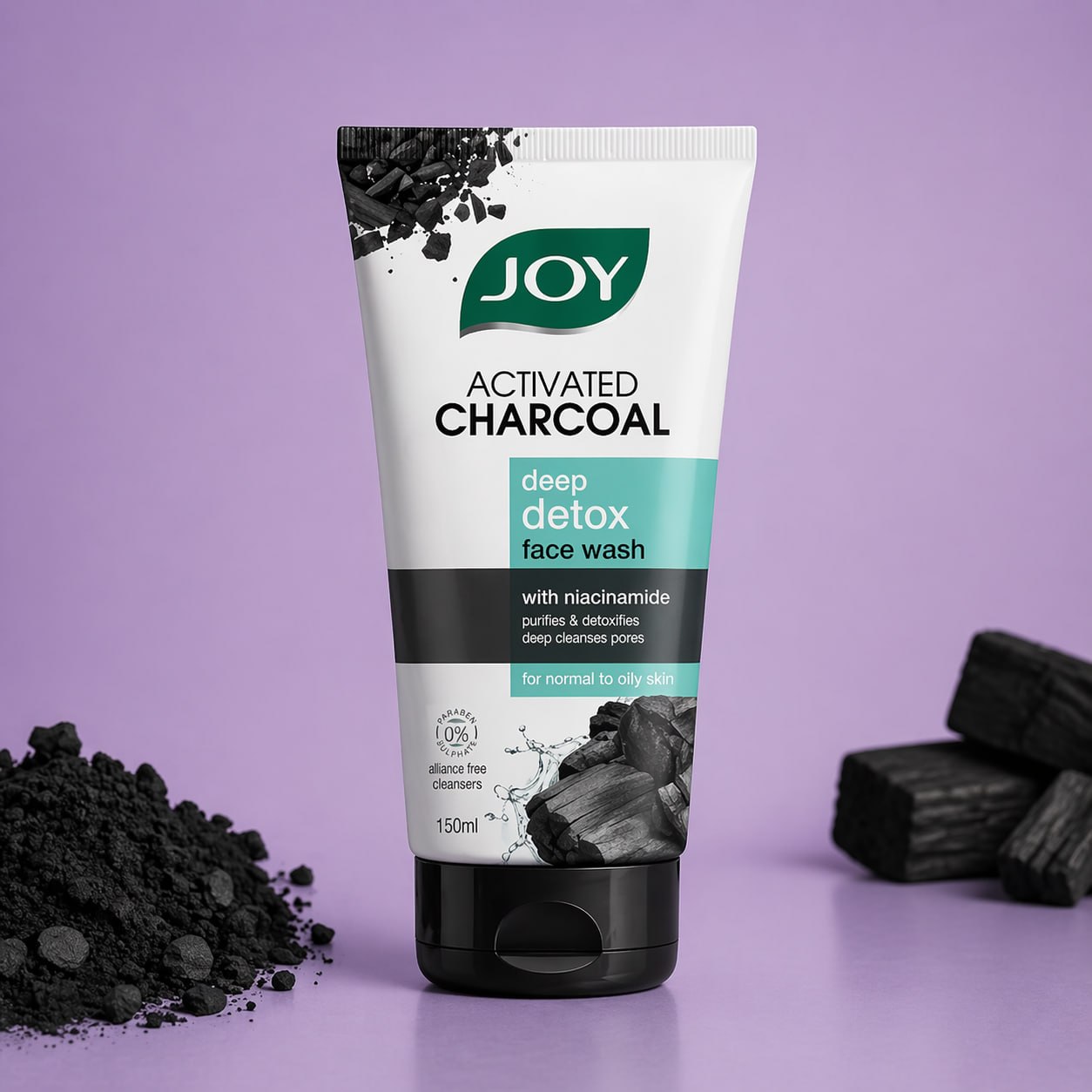 Joy Activated Charcoal Deep Detox Face Wash Pack of 2 | Niacinamide Cleanser for Oil Control & Pore Cleansing (150 ml Each)