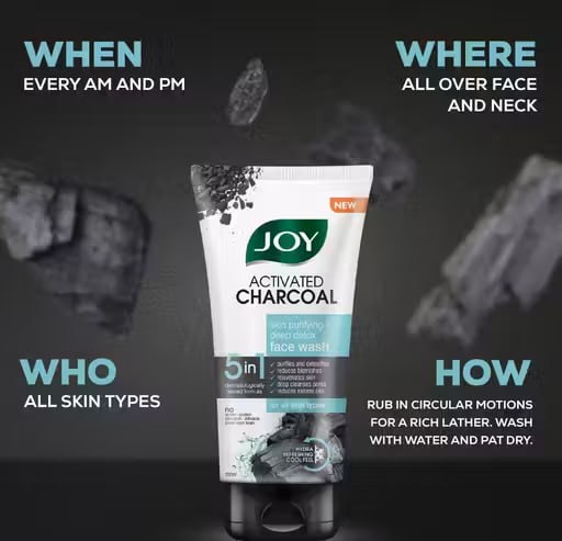 Joy Activated Charcoal Deep Detox Face Wash Pack of 2 | Niacinamide Cleanser for Oil Control & Pore Cleansing (150 ml Each)