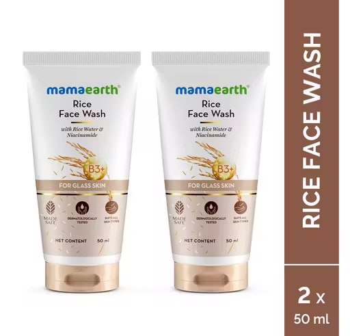 Mamaearth Rice Face Wash Pack of 2 (50 ml Each) | Rice Water & Niacinamide Cleanser | Brightening Face Wash for Glass Skin