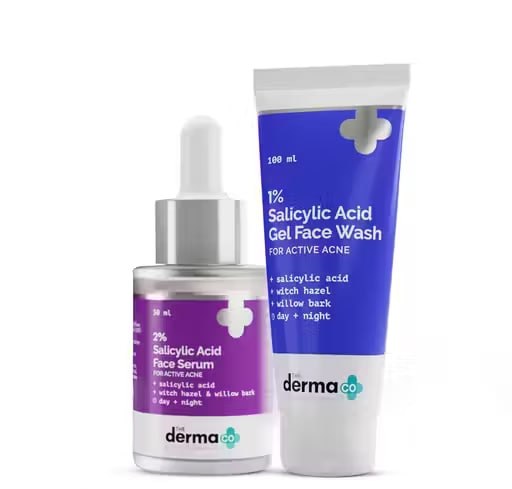 The Derma Co Acne Control Combo | 2% Salicylic Acid Face Serum (30 ml) + 1% Salicylic Acid Face Wash (100 ml) | Pimple & Oil Control Skincare Kit