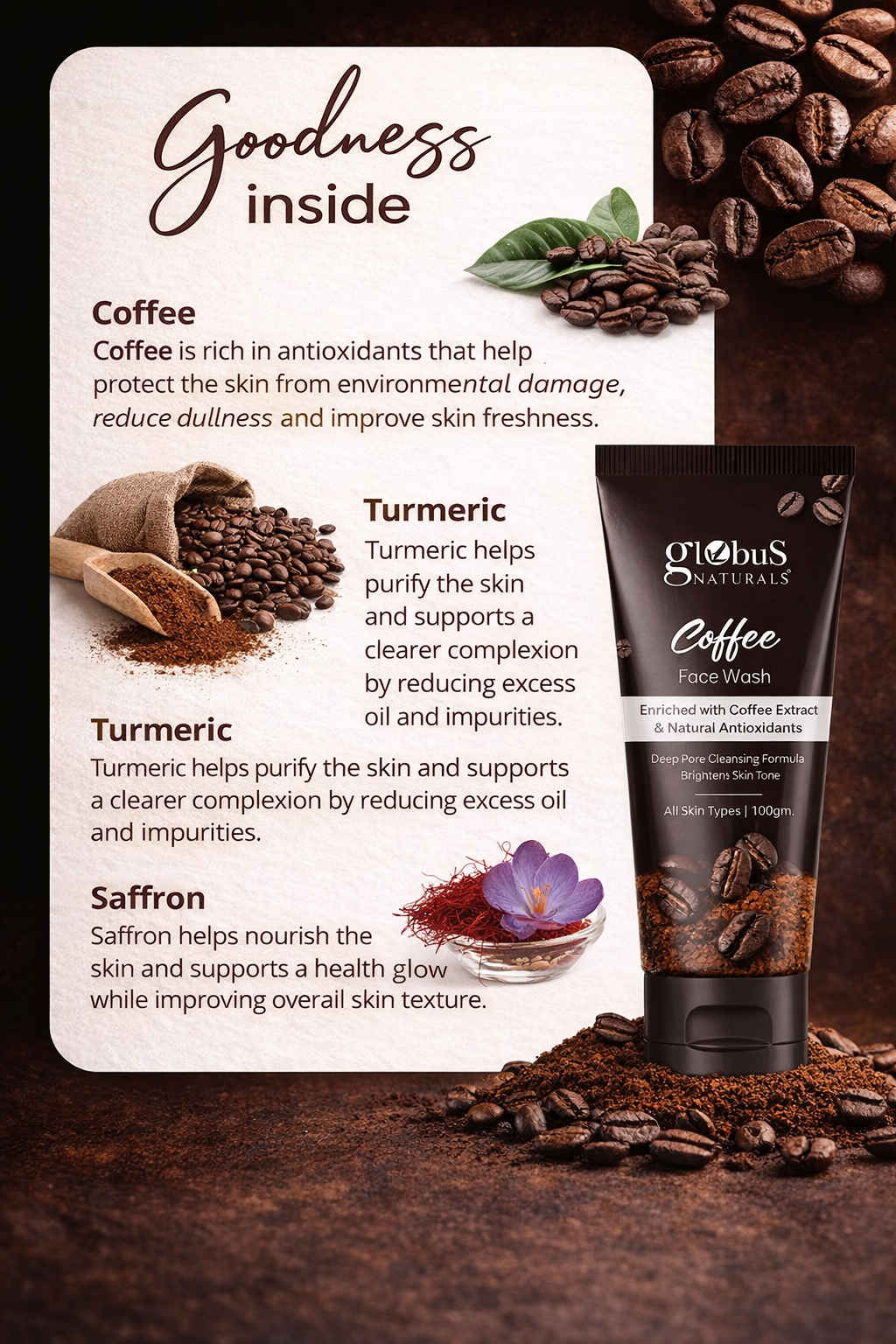 Globus Naturals Coffee Face Wash – Deep Pore Cleansing & Skin Brightening (100g)